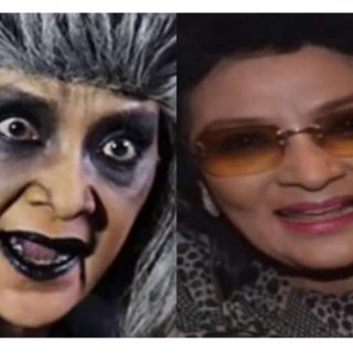 Farida Pasha dan tokoh film Mak Lampir yang diperankannya