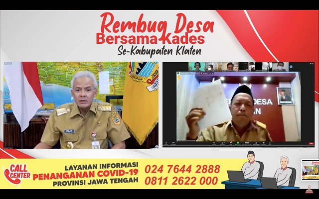 Kades Tijayan Klaten, Joko Lasono, mengadukan data Bansos kepada Gubernur Jateng Ganjar Pranowo dalam acara Rembug Desa secara virtual, Senin (2/8).