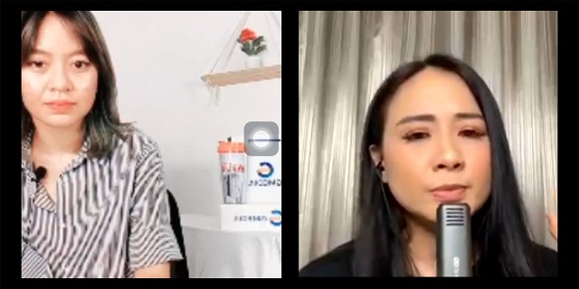 Astrid (kanan) dipandu Anastasia Cinantya (Acin) saat tampil di program acara Ngos-ngosan yang disiarkan Awal Media Nusantara secara live Instagram, Jumat (24/9)