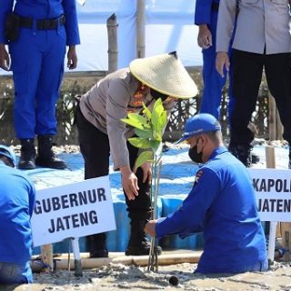 Kapolda Jateng Irjen Pol Ahmad Luthfi menanam pohon mangrove sebagai penerapan Program Polda Jateng Mageri Segoro, di Desa Bendono, Kecamatan Sayung Kabupaten Demak, Selasa (12/10).