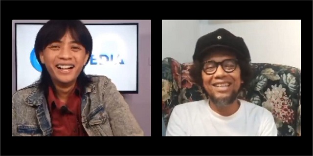 Jimi “The Upstairs” dipandu host Thariq Kamaludin saat tampil di acara Ngos-ngosan, di Studio Awal Media Nusantara, Jumat (19/11).