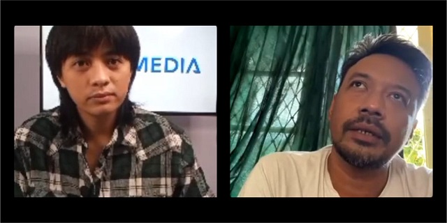 Heru "Shaggydog" dipandu host Thariq Kamaludin saat tampil di acara Ngos-ngosan, di Studio Awal Media Nusantara, Jumat (7/1).