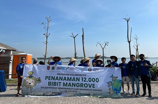 Program kolaboratif penamanan 12.000 bibit di Pantai Mangunharjo Semarang yang melibatkan Pertamina, Angkasa Pura I dan BEM Undip, Selasa (26/7)