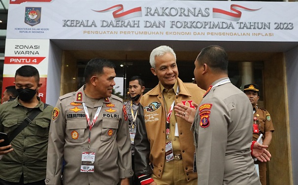 Gubernur Jawa Tengah, Ganjar Pranowo, menghadiri acara Rakornas Forkopimda 2023 di Sentul, Bogor, Selasa (17/1/2023)
