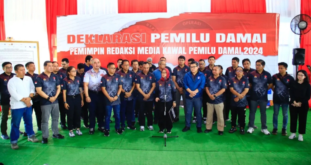 Deklarasi pemilu damai yang digelar jajaran pemimpin redaksi media massa, Divisi Humas Polri, dan Dewan Pers, Sabtu (28/10/2023)