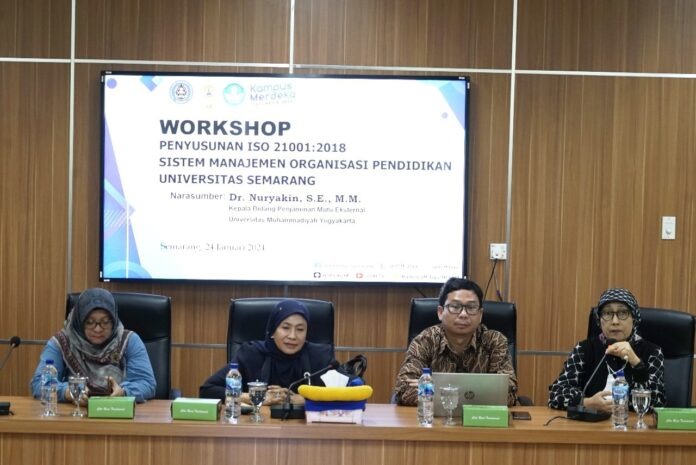 Workshop Penyusunan ISO 21001:2018 tentang Sistem Manajemen Organisasi Pendidikan yang diselenggarakan Universitas Semarang (USM) berlangsung di Ruang Telekonferensi Lantai 8 Gedung Menara USM, pada 24 Januari 2024.